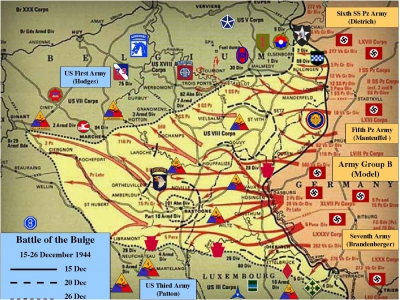 Map of the Battle of the Bulge--You're in the Army Now, 1943 enlisted man, Mel Montgomery, father-in-law of Mari Montgomery of Mari Montgomery Realty fights in the Battle of the bulge