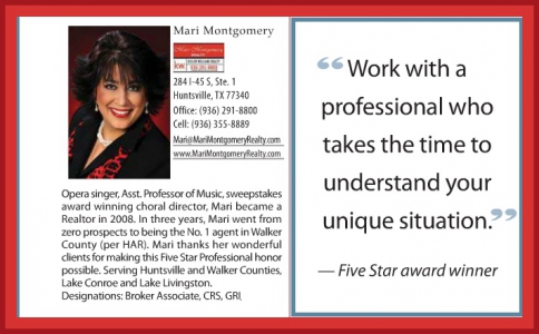 5 star professional 2012, highest in customer satisfaction, Mari Montgomery Realty,Huntsville TX,real estate,keller williams, Elkins Lake,mari montgomery,waterfront ,real estate companies, agencies